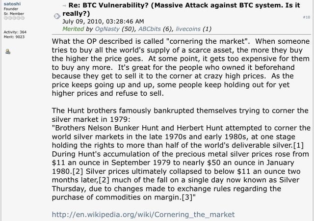 A forum post titled 'Re: BTC Vulnerability? (Massive Attack against BTC system. Is it really?)' from July 9, 2010, discussing the concept of 'cornering the market' and citing the Hunt brothers' failed attempt to corner the silver market in 1979.