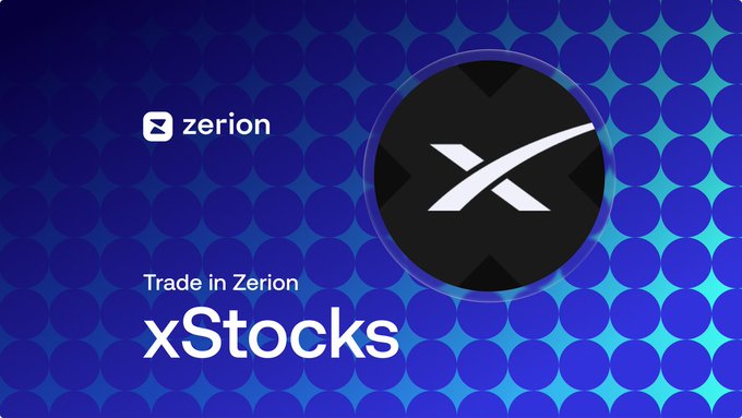 A promotional graphic with a blue dotted background displaying the Zerion logo and text 'Trade in Zerion xStocks' alongside a large black circle with a white X logo.