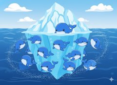 A whimsical cartoon illustration depicts multiple blue whales swimming around a floating iceberg in the ocean under a sky with fluffy clouds.