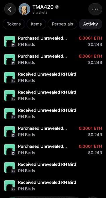 Screenshot of an OpenSea activity feed for user TMA420 showing mysterious transactions including "Purchased Unrevealed... RH Birds" for 0.0001 ETH ($0.249) and "Received Unrevealed RH Bird" entries, supporting the post's claim about unauthorized purchases from collections the user never engaged with.