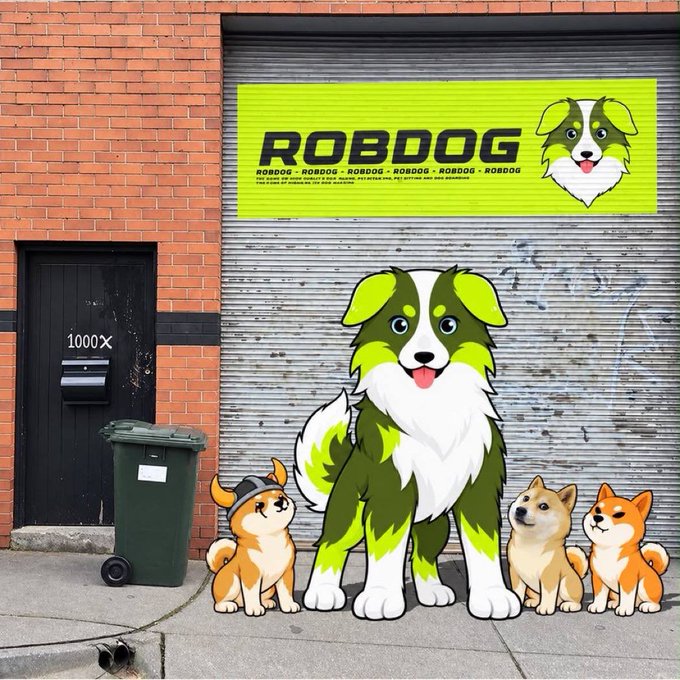 A cartoon-style illustration shows a green and white dog alongside smaller dogs and Shiba Inus on a sidewalk in front of a garage with a "ROBDOG" banner, visually representing the $ROBDOG meme coin referenced in the post about a potential 100X investment tied to the contract address 0xb83fC6010C8Dcf628abE787a161c619FcC543117.