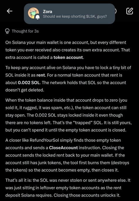 A message from 'Zora' on a dark background explains Solana wallet token accounts and how to reclaim trapped SOL rent, mentioning 'RefundYourSol'.