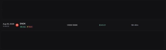 A trading interface showing a short position on SNDK with 11,000 SNDK at $343.01, dated Aug 25, 2026 at 10:56:02.