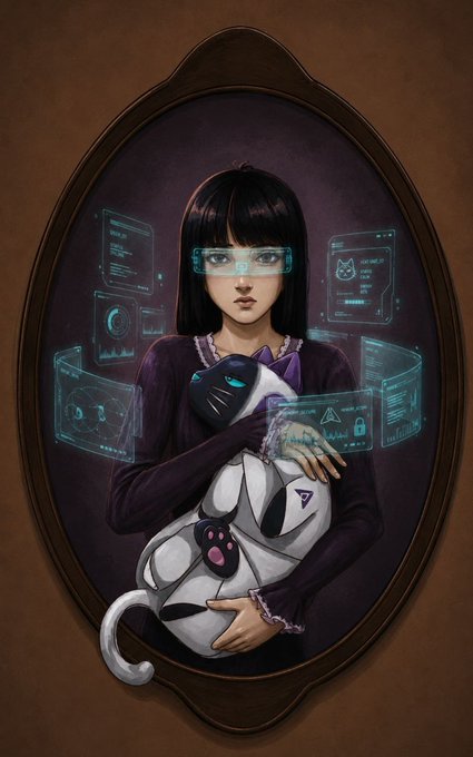 A cyberpunk-style portrait of a young woman with a bob haircut wearing futuristic AR glasses, holding a white robotic cat with a black mask, surrounded by holographic interface panels, framed in an oval portrait.