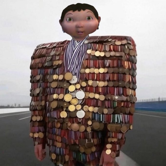 A 3D-rendered figure wearing an oversized suit made of stacked coins stands on an empty road, visually representing the "nuked" crypto coin referenced in the caption about the $baby token's price crash.
