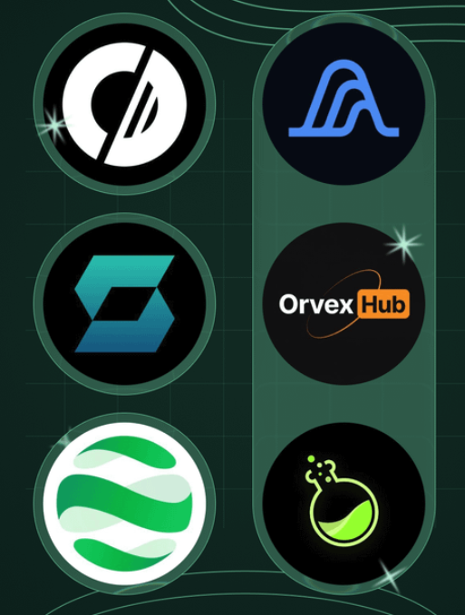 A grid of six circular cryptocurrency project logos displayed against a dark green background, with "Orvex Hub" text visible in the center-right logo. The image serves as a visual showcase of seven airdrop check-in platforms mentioned in the accompanying post, including Solstice, SHIFT, DAPPOS, Variational, OrvexHub, LAB, and KiiChain.