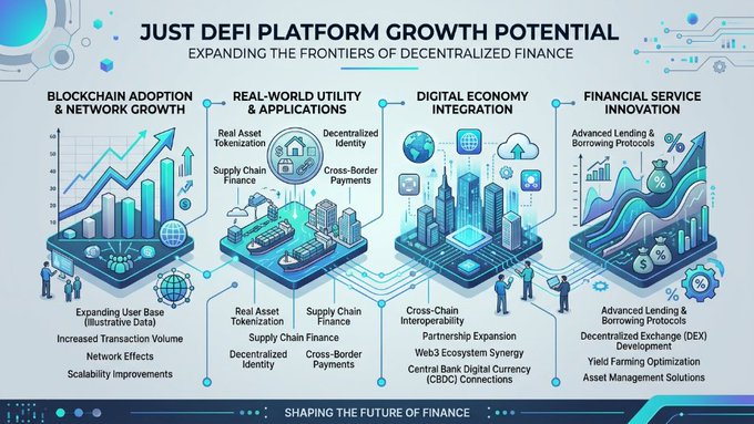 The image features a colorful illustration of a diagram with various elements such as people, buildings, ships, and airplanes represented by different shapes like circles, triangles, rectangles, and ovals. The text displayed at the top of the image says "Just Defi Platform Growth Potential", while another piece of text at the bottom reads "Expanding the frontiers of digital finance". These elements are connected with lines to form a flowchart-like structure that explains how different aspects contribute to the growth potential of just platforms. The diagram highlights the potential for real utility from projects focusing on decentralized financial services, as depicted in the image.