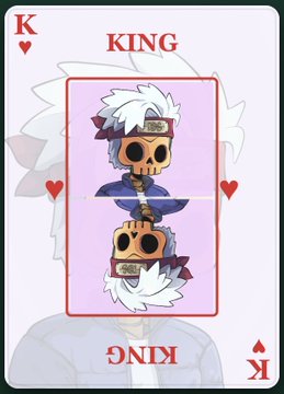 A King of Hearts playing card featuring an illustration of a character with white hair, a headband, and a skull-like lower face mask.