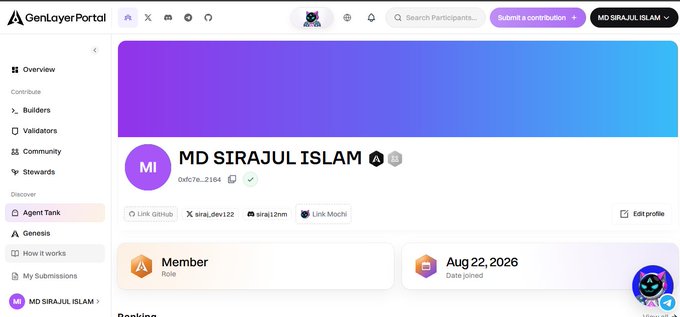 A screenshot of the GenLayer Portal profile page for "MD SIRAJUL ISLAM" showing a Member role with a date joined of Aug 22, 2026.
