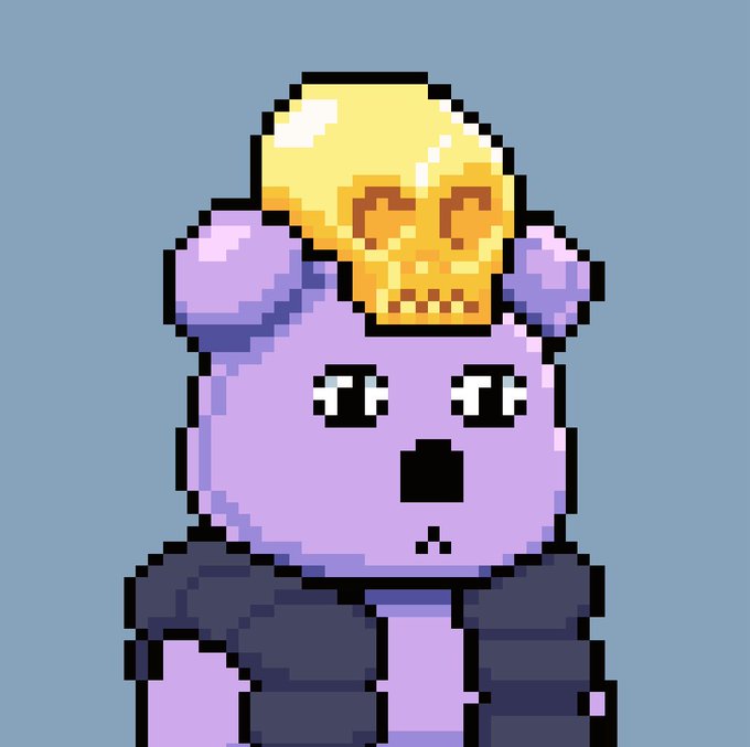 The image features a cartoon bear wearing a helmet with a skull on top of its head, giving it an intimidating appearance. The bear is also wearing a black vest that has "VM" written on it. The background of the image is blue, which contrasts with the purple color of the bear's fur and adds to the overall visual appeal of the scene.