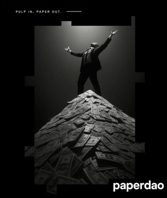 A black and white promotional poster reads 'PULP IN, PAPER OUT' featuring a man in a suit with arms raised triumphantly atop a massive pile of money, branded with 'paperdao'.