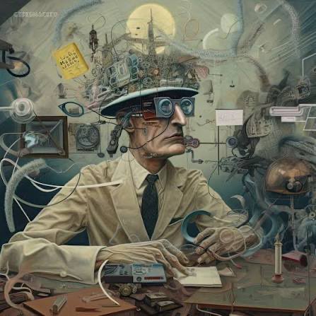 A surreal, intricate illustration of an elderly man wearing goggles and a complex mechanical headpiece sitting at a cluttered workbench filled with electronic components and gadgets.