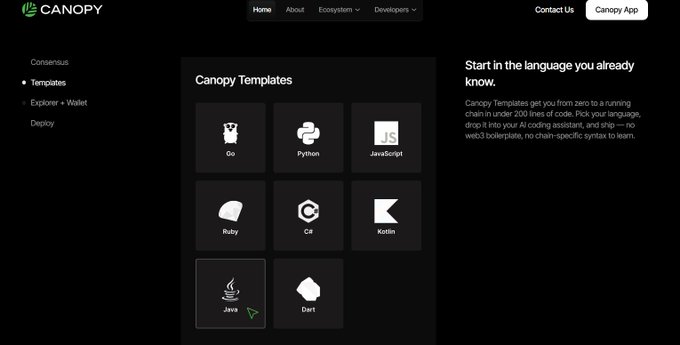 The Canopy website displays a "Canopy Templates" section with programming language options including Go, Python, JavaScript, Ruby, C#, Kotlin, Java, and Dart, alongside a "Start in the language you already know" description promoting user-friendly blockchain development.

The image illustrates Canopy's developer-focused ecosystem, visually reinforcing the post's message about community-driven building by showcasing the accessible, language-diverse tools that empower users to create projects like Block Rocket themselves rather than waiting for top-down development.