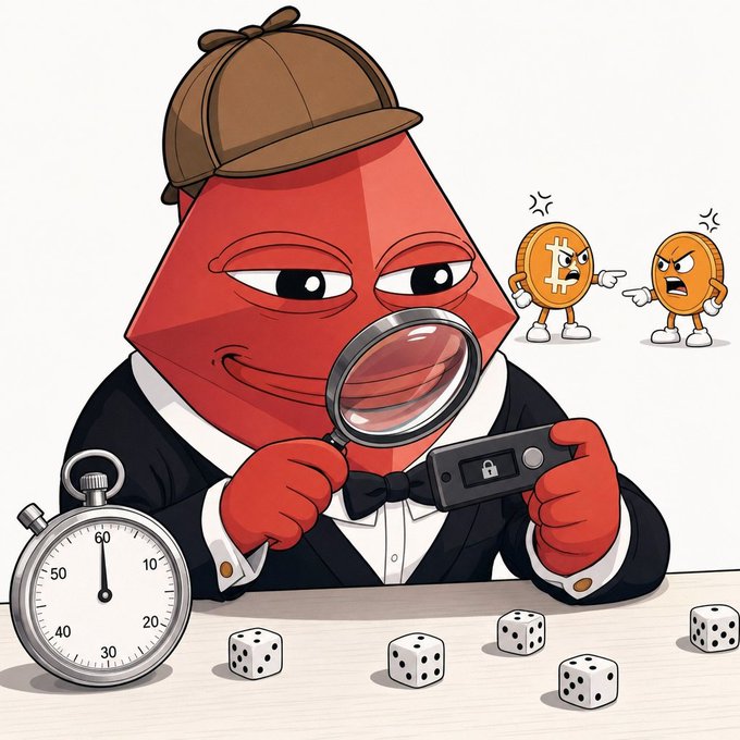 A red, detective-like diamond character wearing a deerstalker hat inspects a locked device with a magnifying glass, while two angry gold coins argue in the background and dice scatter across the table—symbolizing the careful, covert accumulation and bottom-formation analysis of $CLAWD holders.