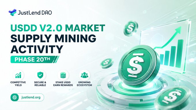 This image advertises the USDD V2.0 Market Supply Mining Activity, Phase 20th, by JustLend DAO, featuring icons for competitive yield, security, staking rewards, and a growing ecosystem. The visual shows USDD coins and a rising bar graph, correlating with the post announcing weekly mining rewards for participants.