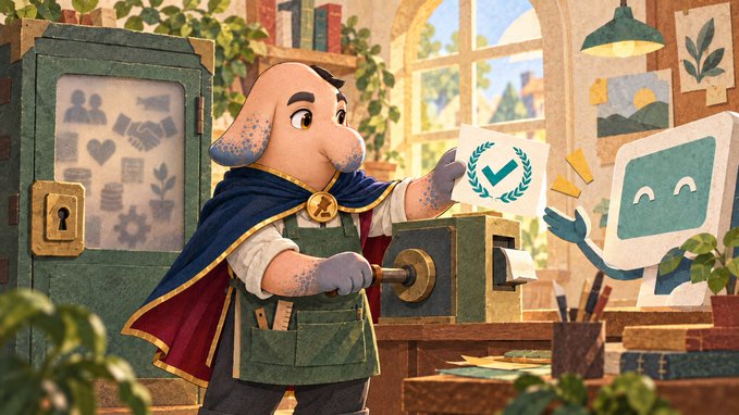 A whimsical digital illustration of an anthropomorphic elephant character in a blue cape and green apron, holding a printed sheet while interacting with a sentient computer monitor in a cozy workshop.