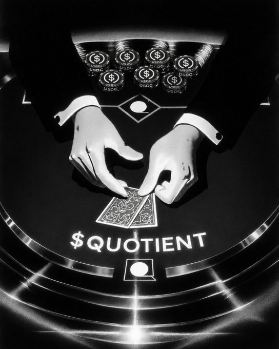 A black-and-white illustration of a dealer in a suit shuffling cards on a casino table branded '$QUOTIENT', with stacks of USDC chips in the background.