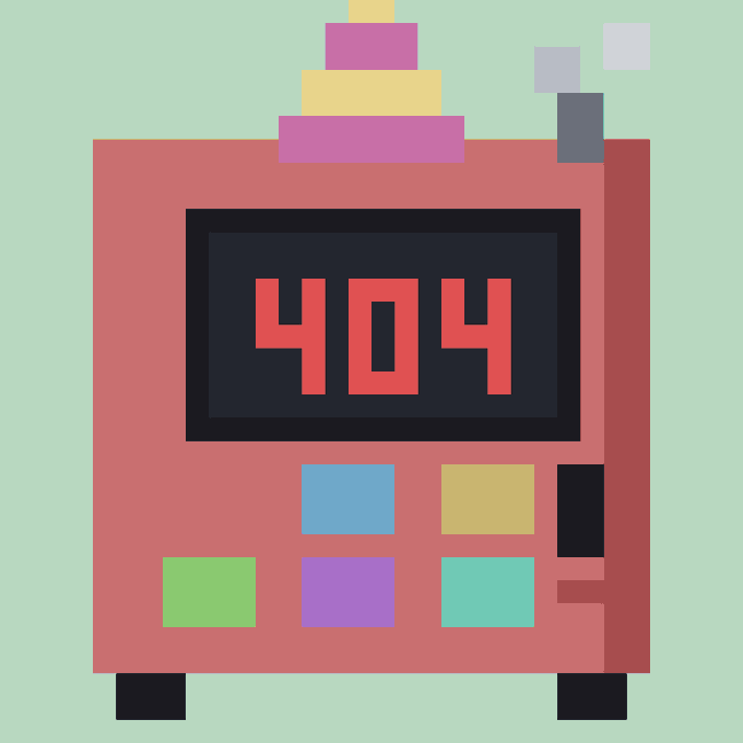 A flat-design illustration shows a red and pink electronic device displaying a '404' error on its screen.