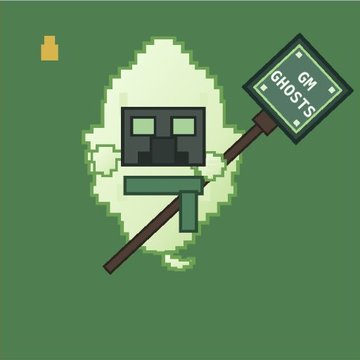 A pixel art illustration shows a ghost-like figure wearing a skull mask and holding a sign that reads 'GM GHOSTS' on a solid green background.