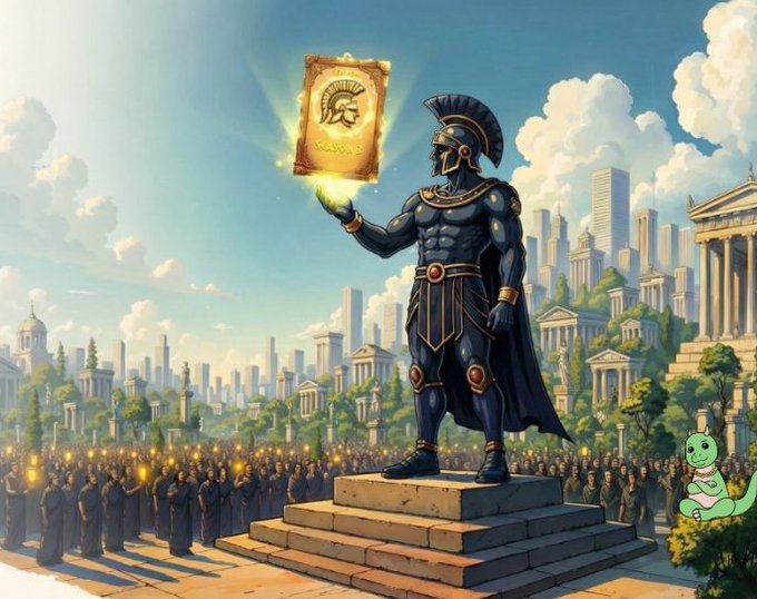 The image showcases a possible representation of a heroic figure unveiling a new leaderboard or achievement in a vibrant pixel graphic style. The narrative provided suggests that the post is celebrating the launch of "Stage 12" on the Nomisma Network and applauds the consistency within the ecosystem, particularly highlighting the performance of a user or entity named "perx_trade." The mutated dinosaur in the corner could be a playful symbol or mascot related to the network's branding.