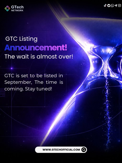 This image is a promotional graphic from GTech Network announcing the upcoming GTC token listing scheduled for September, featuring a glowing hourglass against a cosmic purple background with the website "www.gtechofficial.com" at the bottom.