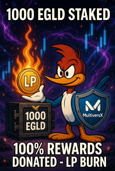 The image is a promotional graphic featuring Woody Woodpecker holding a flaming "LP" coin and a MultiversX shield, standing beside a safe labeled "1000 EGLD," with text reading "1000 EGLD STAKED" and "100% REWARDS DONATED - LP BURN." It visually reinforces the post's announcement of personally staking 1,000 EGLD and donating all staking rewards to buy $WOODY, add liquidity, and burn LP for the community.