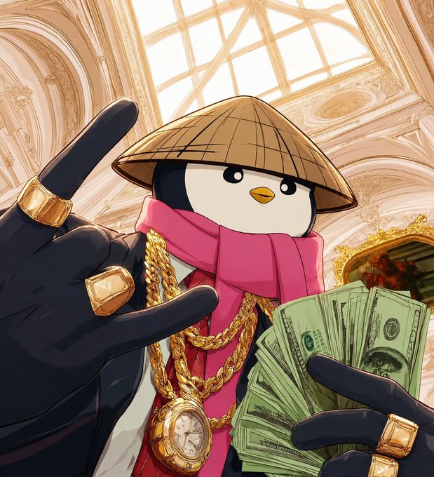 An anime-style illustration of a cute penguin character wearing a conical hat, gold chains, and a pink scarf, holding a fan of US dollar bills and pointing upward.