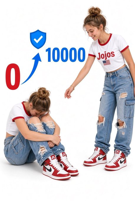 An advertisement showing a woman in red and white Jojos sneakers, with graphics showing '0' to '10000' pointing to a shield icon.