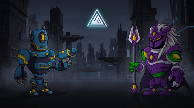 A blue mech character holding a weapon and a purple armored warrior wielding a crystal staff face each other in a futuristic cityscape, with a glowing triangular emblem floating between them—showcasing the hand-crafted character art previews mentioned in the post about Genesis's ongoing creative progress.