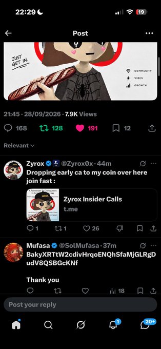 A screenshot of a social media post showing a cartoon character with the text 'JUST GET IN', displaying 7.9K views and engagement metrics, along with replies from users 'Zyrox' and 'Mufasa'.