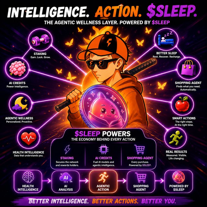 A colorful promotional graphic for $SLEEP titled 'INTELLIGENCE. ACTION. $SLEEP.' showing an anime character surrounded by icons representing staking, AI credits, agentic wellness, better sleep, shopping agent, smart actions, health intelligence, and real results.