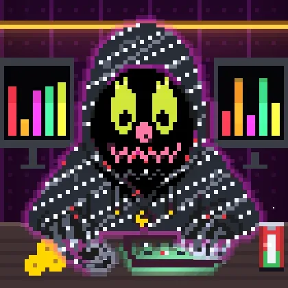 A pixel art hooded figure with a glowing yellow skull face sits before a laptop, flanked by colorful bar chart displays, with a piece of cheese and a soda can nearby.