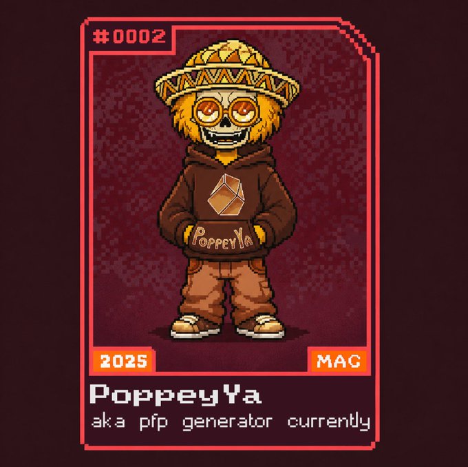 A pixel-art NFT card labeled '#0002' depicts a skeleton character in a sombrero and brown 'PoppeyYa' hoodie, with the year '2025', tag 'MAC', and the caption 'aka pfp generator currently'.