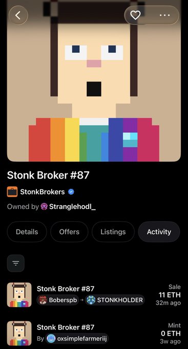 An NFT marketplace listing for 'Stonk Broker #87' by StonkBrokers, showing a pixel art character with a rainbow shirt, currently on sale for 11 ETH by Boberspb.