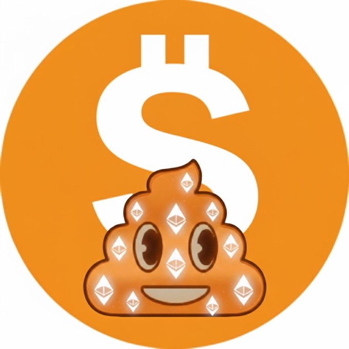 A digital illustration featuring a cartoon poop emoji decorated with Ethereum (ETH) logos, set against an orange circular background with a large white dollar sign ($) behind it.