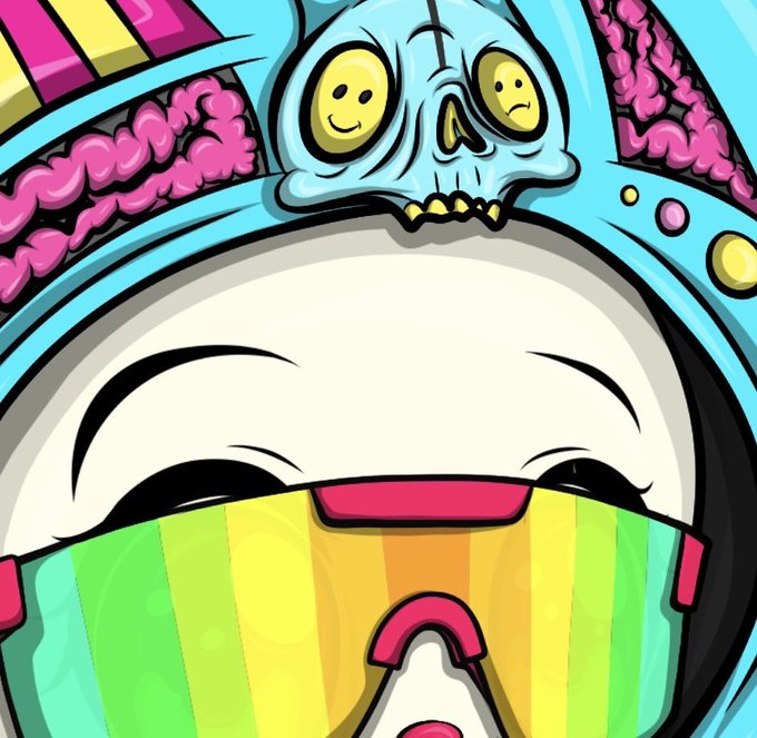 A vibrant pop-art style illustration featuring a stylized skull with a smiling face perched on top of a character wearing rainbow-striped sunglasses, surrounded by pink brain-like textures and bright colors.