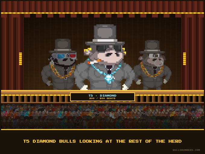 A pixel art illustration of three 'T5 DIAMOND' bullish characters in suits, fedoras, and sunglasses on a theater stage, captioned 'T5 DIAMOND BULLS LOOKING AT THE REST OF THE HERD.'