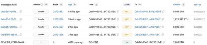 A screenshot of an Ethereum blockchain transaction history showing transfer records with amounts ranging from 0.001 ETH to 1.875997 ETH.