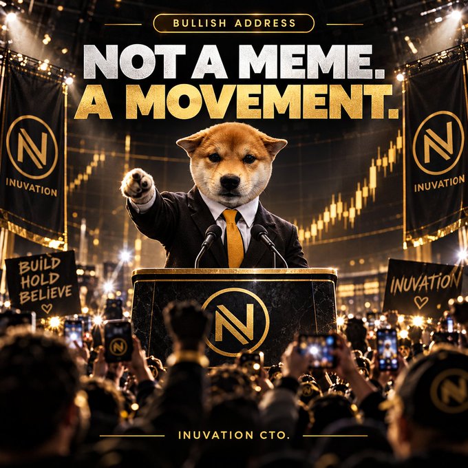 A promotional graphic titled 'BULLISH ADDRESS' features a Shiba Inu in a suit at a podium with the slogan 'NOT A MEME. A MOVEMENT.' and 'INUVATION CTO' branding.