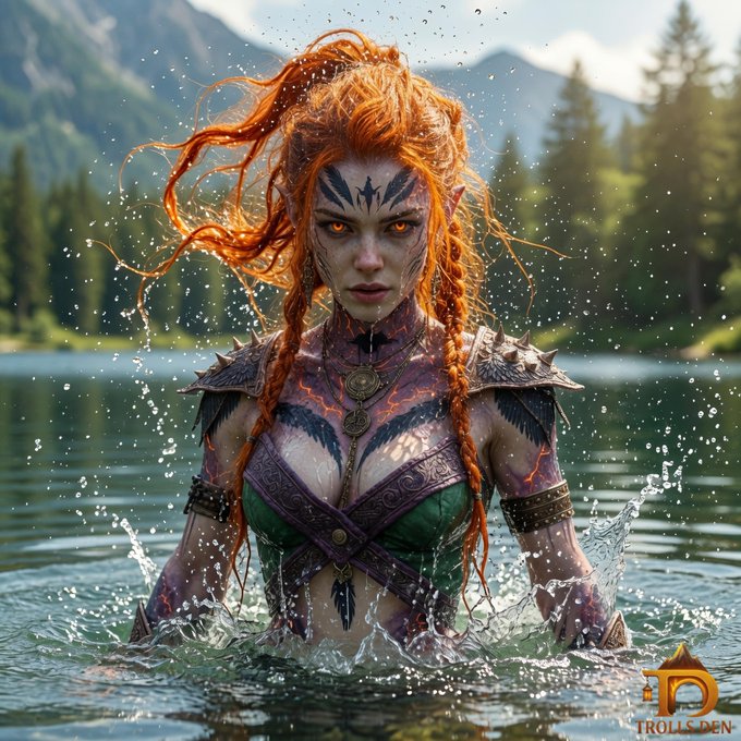 A fantasy-style digital illustration of a fierce woman with bright orange braided hair, glowing orange eyes, and tribal markings, emerging from a lake with mountains and forest in the background, branded with the 'TROLLS DEN' logo.