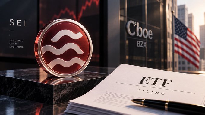 A 3D-rendered promotional image showing a red SEI cryptocurrency coin alongside a Cboe BZX logo and an American flag, with an 'ETF FILING' document and pen in the foreground.