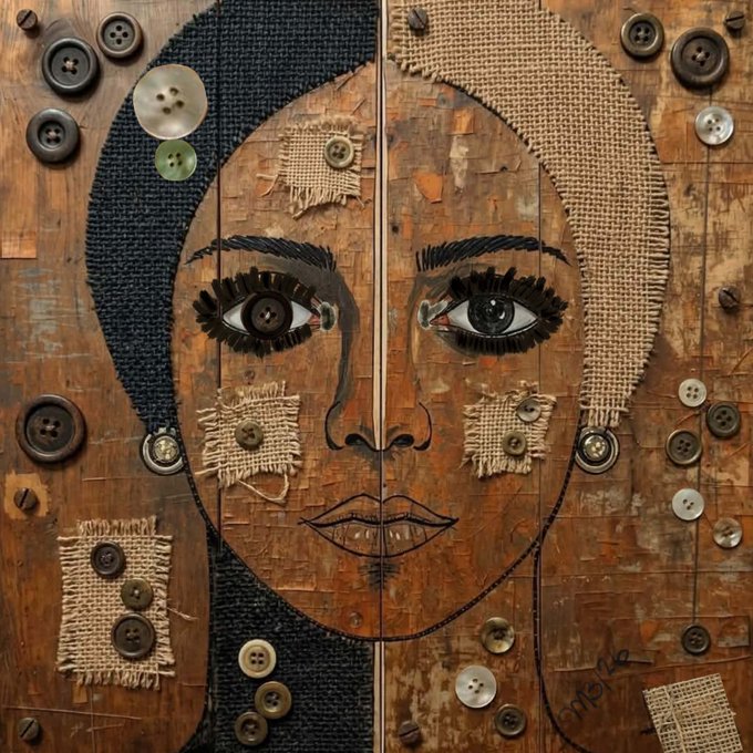 A textured mixed-media artwork portrait of a woman's face made from wood, burlap fabric, and numerous vintage buttons of various sizes scattered around the piece.