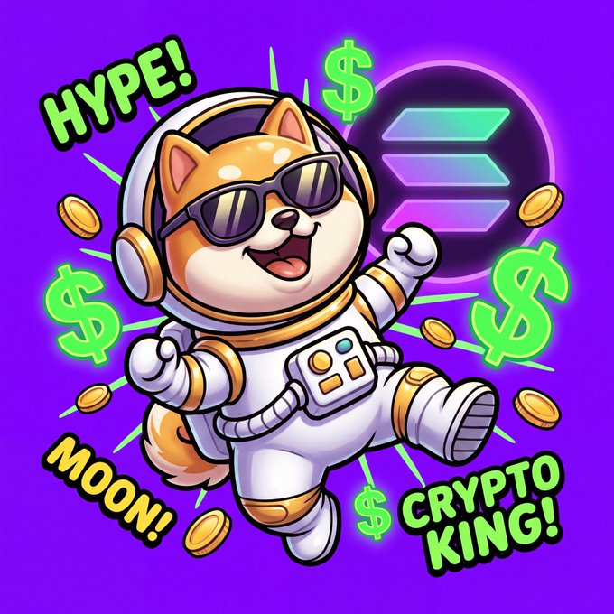 A cartoon Shiba Inu dog in an astronaut suit with sunglasses, surrounded by dollar signs and coins, with text reading 'HYPE!', 'MOON!', and 'CRYPTO KING!' alongside the Solana logo.