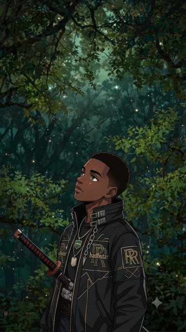 An illustration of a young boy with a sword strapped to his back, wearing a black jacket with gold lettering and an 'R' patch, standing in a dark, glowing forest.