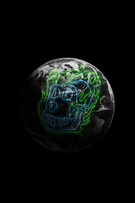 The image features a neon skull design painted on a globe, which is black with green neon lights surrounding it. The background of the image is dark, making the neon elements stand out even more. The caption below the image reads "Hello to all BAYC Globally! Hello to all our Chinese friends! What an incredible honor it is to be part of this vast global community!"