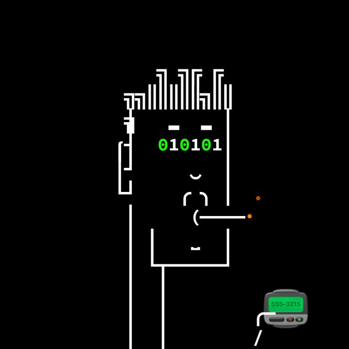A minimalist pixel art animation of a face with green binary code '010101' for eyes and a character smoking, with a pager device in the corner reading '555-3215'.