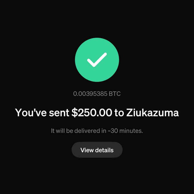 A confirmation screen shows that $250.00 (0.00395385 BTC) has been sent to user Ziukazuma and will be delivered in ~30 minutes. This illustrates the "MoonPaid" tip the sender is congratulating @STLimay for receiving.
