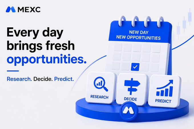 A promotional banner for MEXC featuring the brand logo and the tagline "Every day brings fresh opportunities. Research. Decide. Predict." alongside a 3D illustration of a calendar labeled "NEW DAY NEW OPPORTUNITIES" and three icons representing the research, decide, and predict steps—visually reinforcing the post's message that smart trading decisions begin with research before predicting on MEXC.