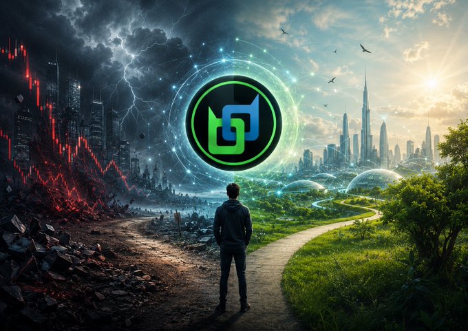 A dramatic split-image artwork showing a figure standing at a crossroads between a dark, stormy destroyed cityscape on the left and a bright, futuristic utopian city on the right, with a green and black circular logo in the center.