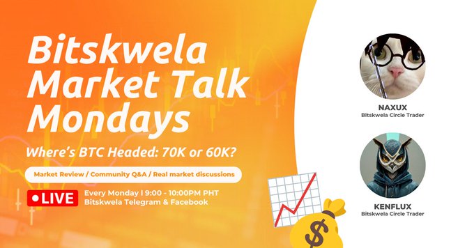 The image is a promotional graphic for "Bitskwela Market Talk Mondays" featuring hosts Naxux and Kenflux (Bitskwela Circle Traders), advertising a live session titled "Where's BTC Headed: 70K or 60K?" airing every Monday from 7:00-10:00 PM PHT on Bitskwela Telegram and Facebook. The graphic supports the post's invitation for viewers to join the live market discussion and Q&A about Bitcoin's potential price direction.